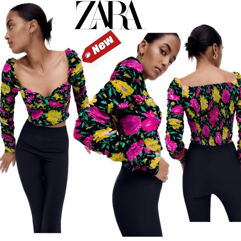 Zara floral flower long sleeve bustier corset sweetheart puff sleeve blouse Sz S